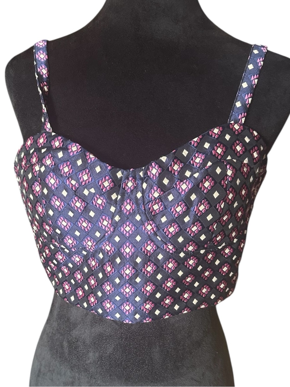 Honey Punch Bustier Crop Top Women’s Medium Navy Pink Print Corset Cami Boho